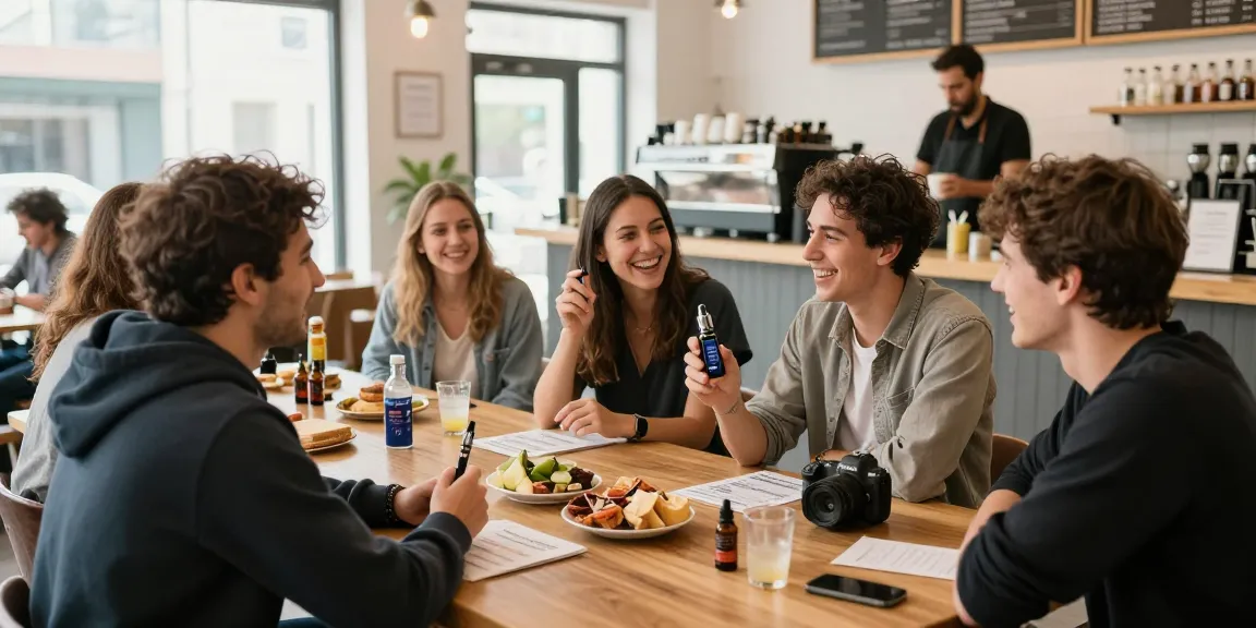 Gathering of friends discussing the legal vaping age in Cyprus with CBD oil in a vibrant coffee shop setting emphasizing social wellness and responsible choices.