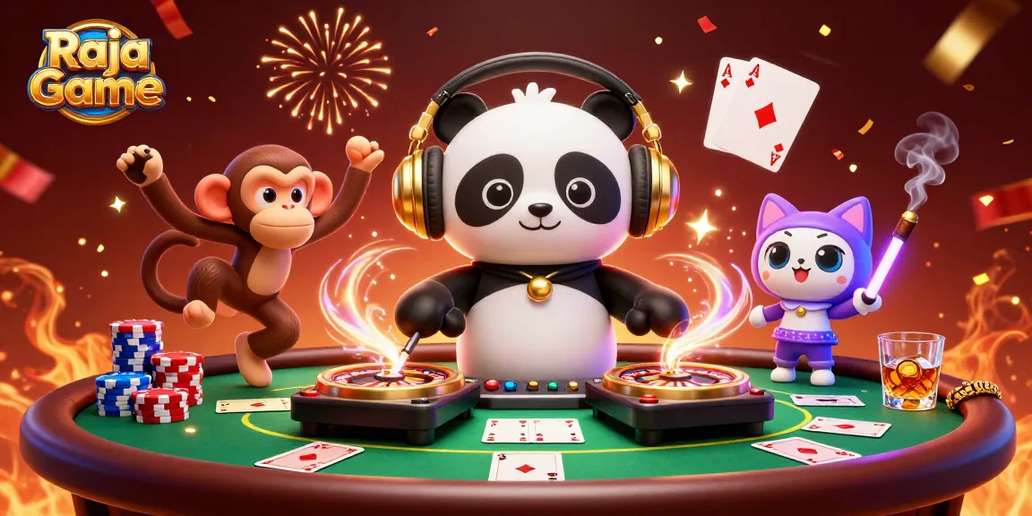 Engage in exciting games at Raja Game with a 3D DJ panda, breakdancing monkey, and vibrant casino elements.