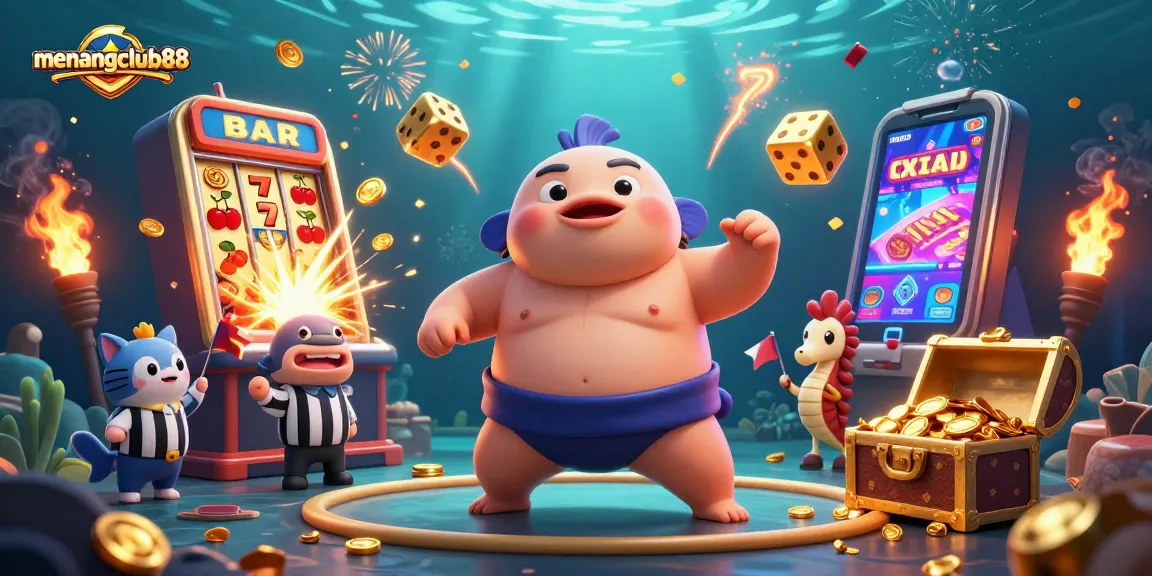 Join the fun at menangclub88 with an energetic underwater casino scene full of dynamic gaming elements.