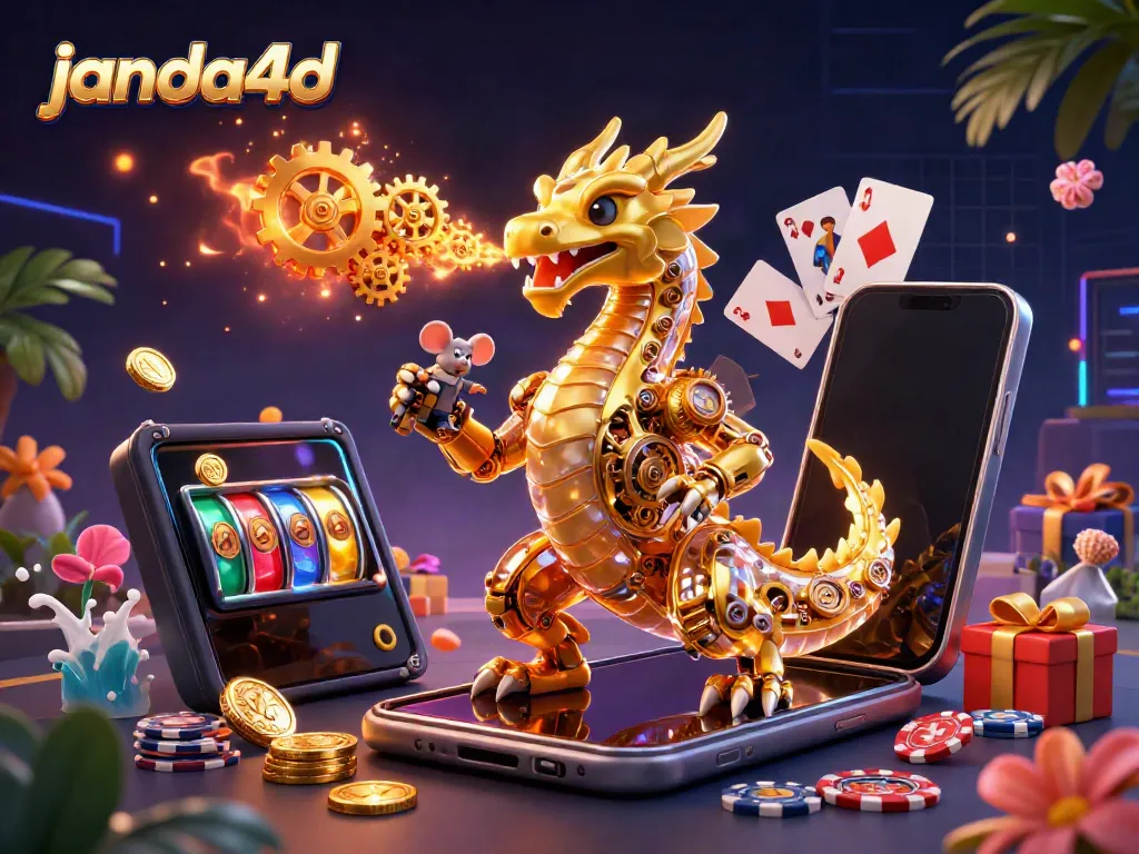 JANDA4D menghadirkan suasana bermain slot di dunia maya dengan naga emas 3D dan elemen permainan yang menarik.