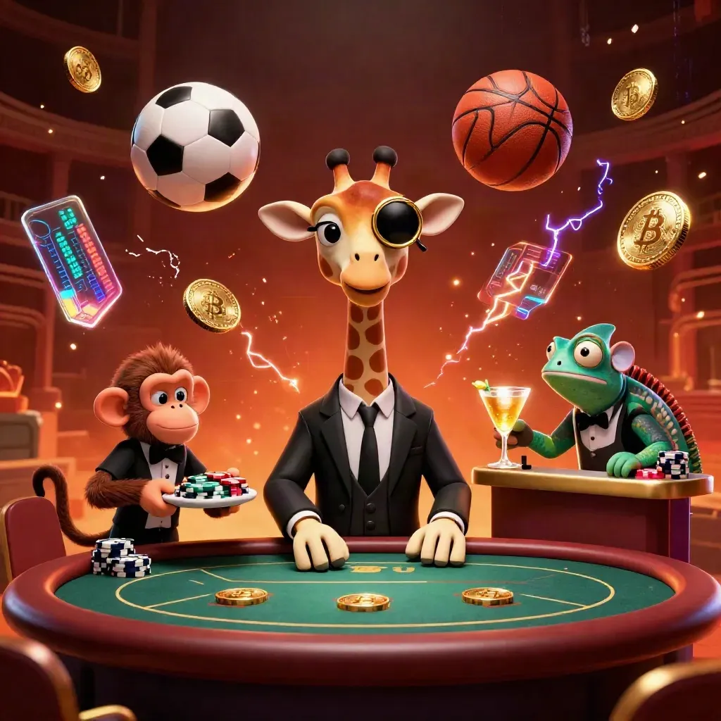 Giraffe, monkey and chameleon in a casino arena with flying balls, chips and glowing coins.