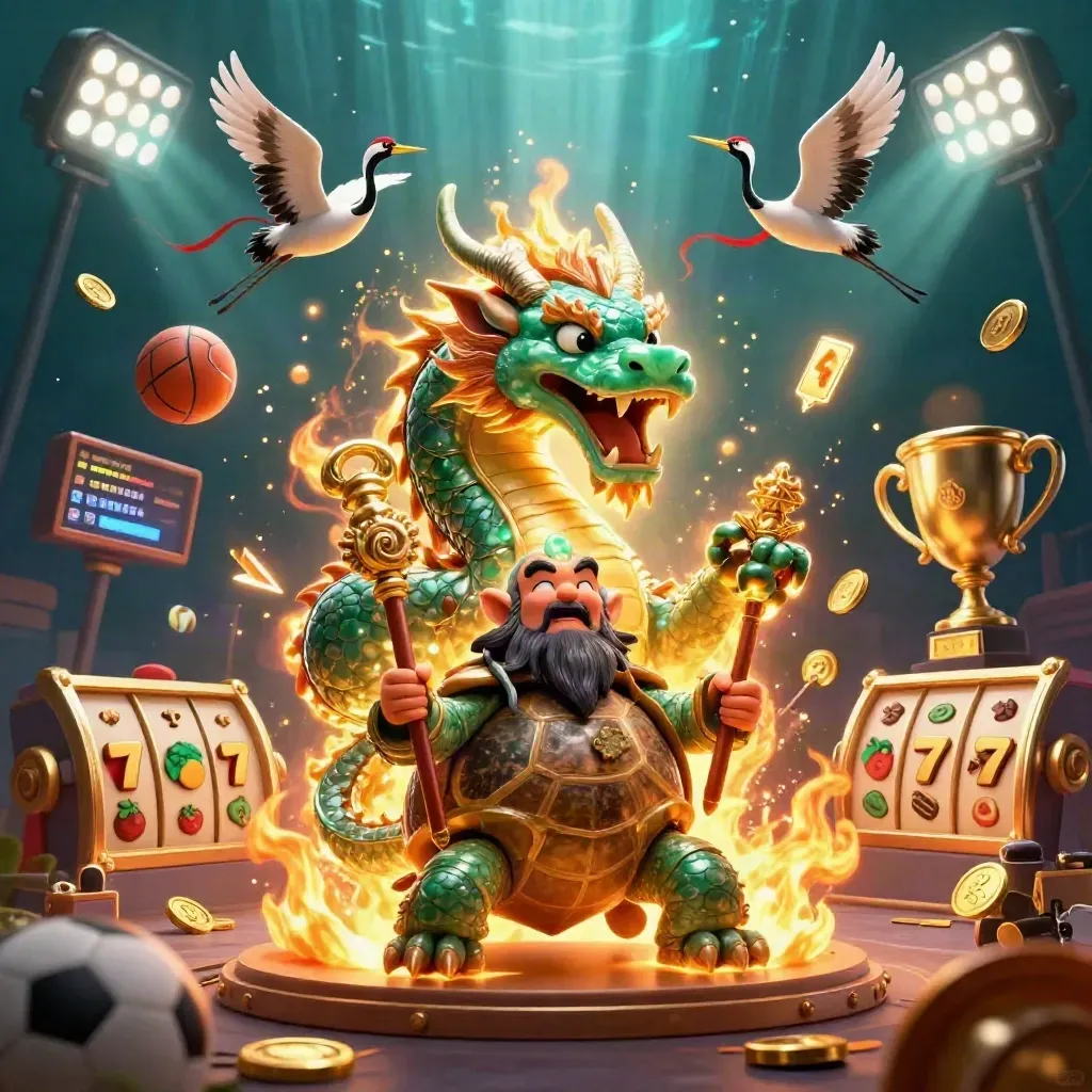 Jade dragon, turtle sage, and cranes amid gold fire, coins, and arena lights in dark teal.