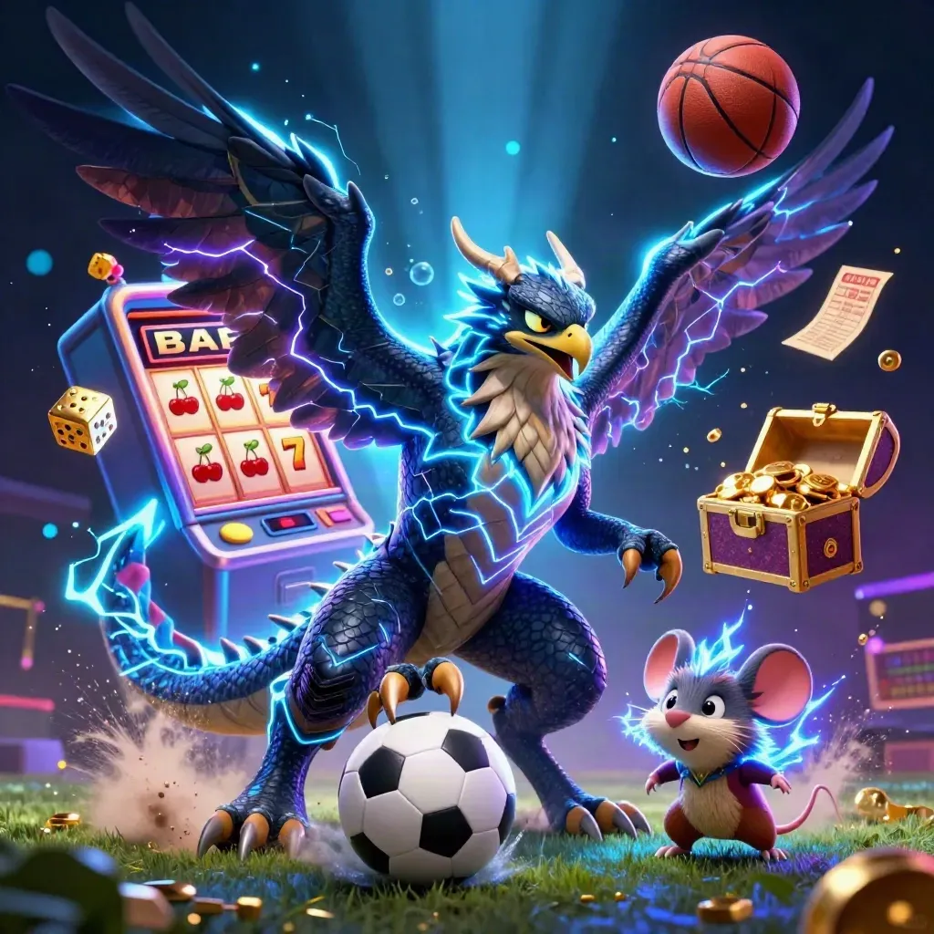 Electric dragon, hawk and mouse explode around slot symbols, gold dice and sports balls.