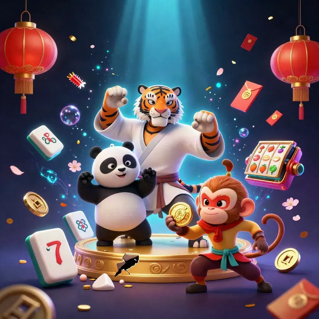 Kung-fu tiger, panda, and monkey amid gold casino action, lanterns, coins, and glowing effects.