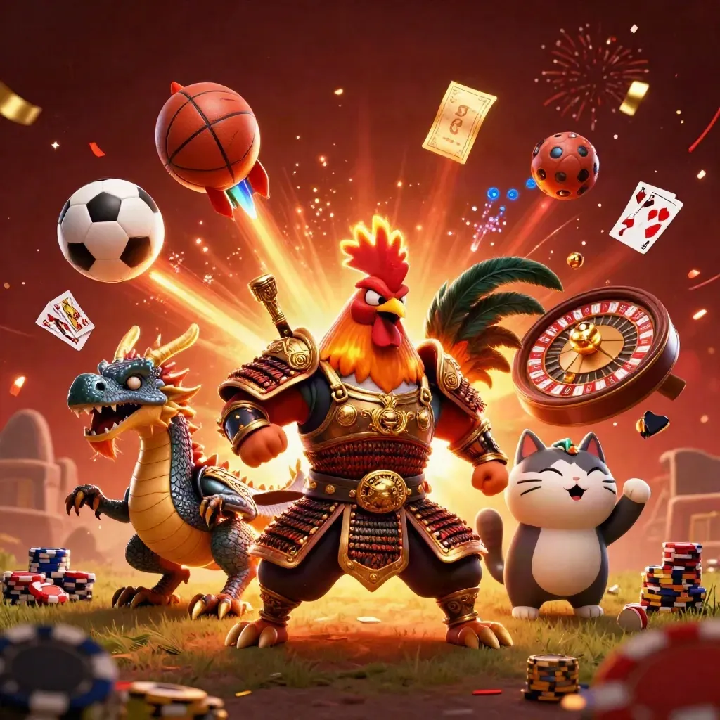 Rooster warrior, dragon hatchling, and fortune-cat amid casino sports action and glowing chips.