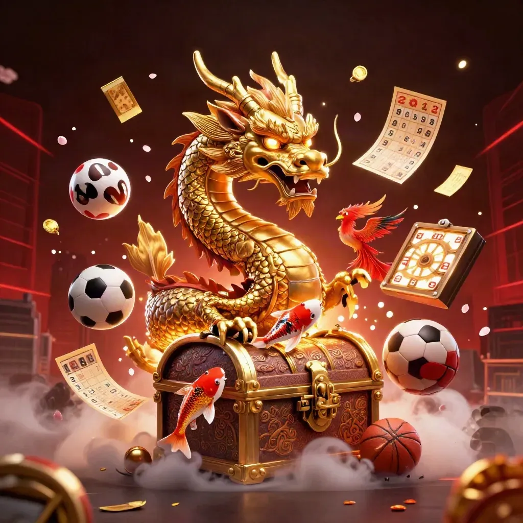 Golden dragon, phoenix, koi, prize balls, and casino props burst in a fiery arena scene