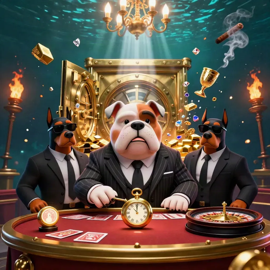 Bulldog boss and Doberman guards at a glowing vault table with gold, gems, and a spin wheel.