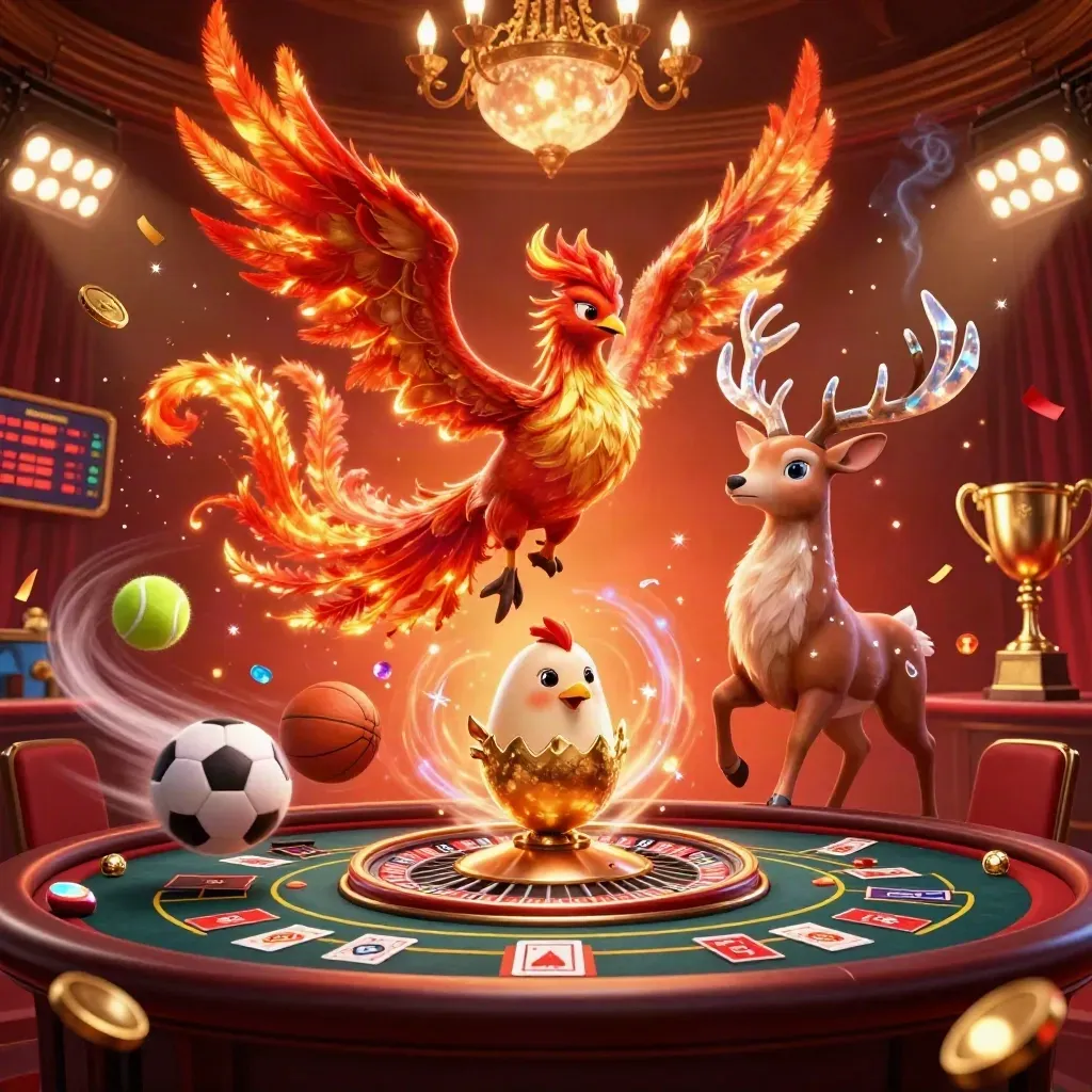 Phoenix, stag, and baby phoenix in a luxe casino room with cards, coins, and roulette.