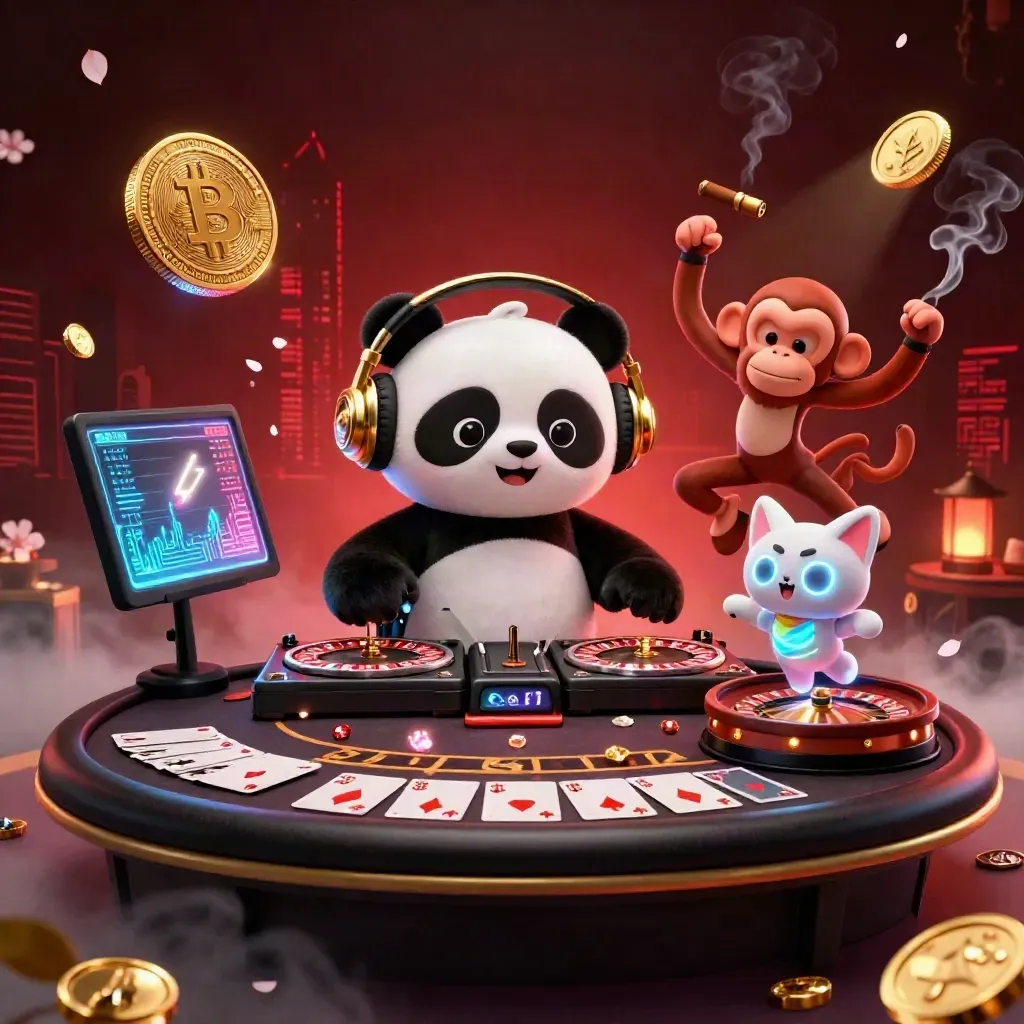 DJ panda, monkey, and kitten in a luxe casino scene with neon crypto effects.