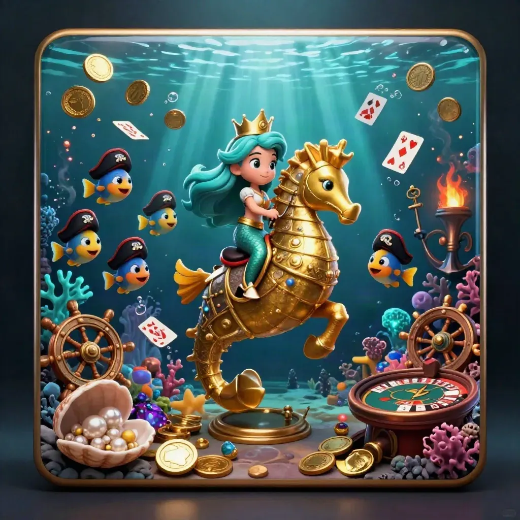 Mermaid princess on armored seahorse amid casino treasure in an underwater cove