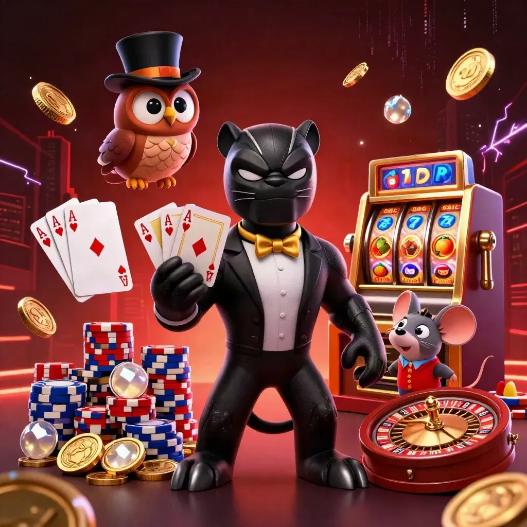 Panther, owl, and mouse deal cards amid gold coins, gems, roulette, and crimson casino lights.
