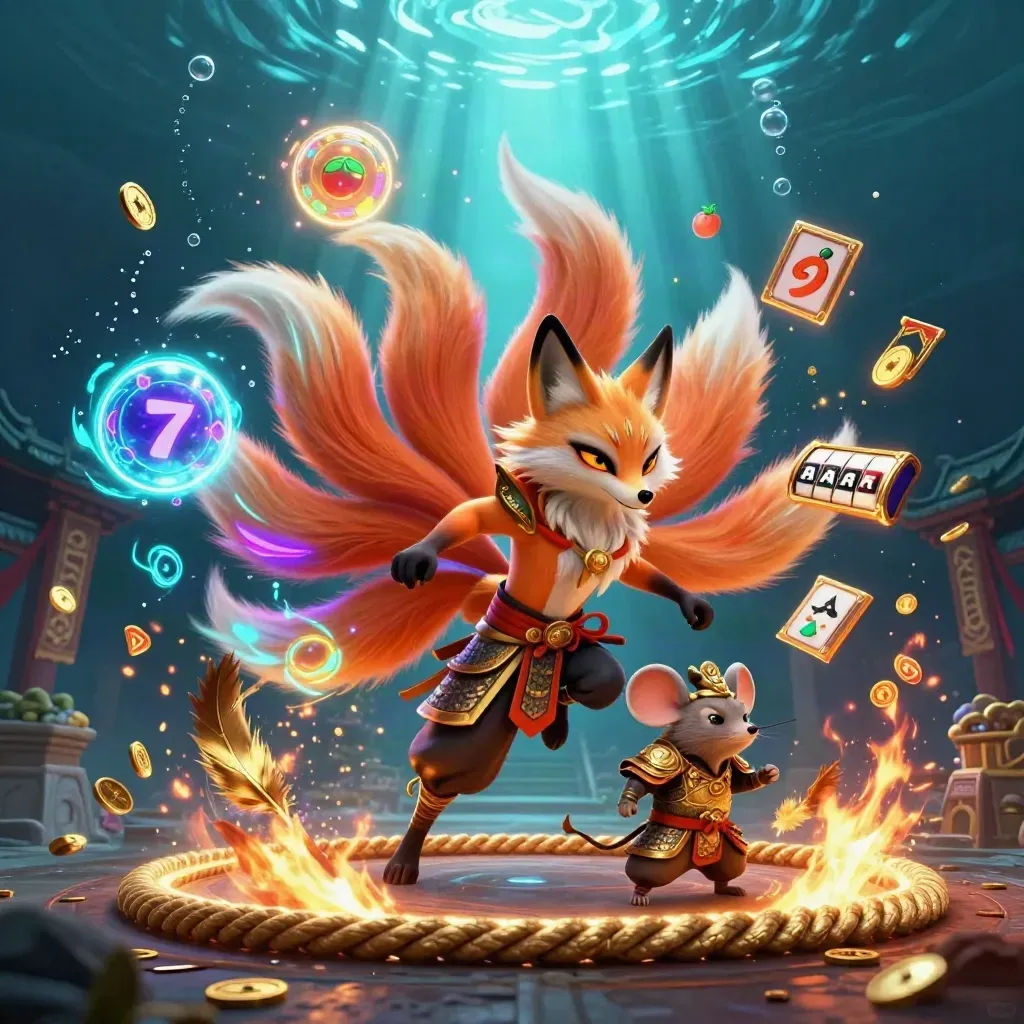 Nine-tailed fox spirit and armored samurai mouse amid coins, banners, temple gate and underwater glow.