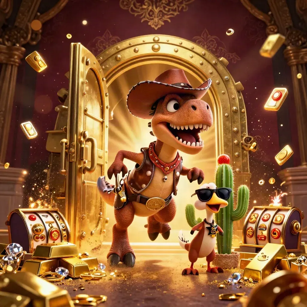 Cowboy T-Rex, cactus sidekick, and sheriff roadrunner burst from a treasure vault with casino loot.