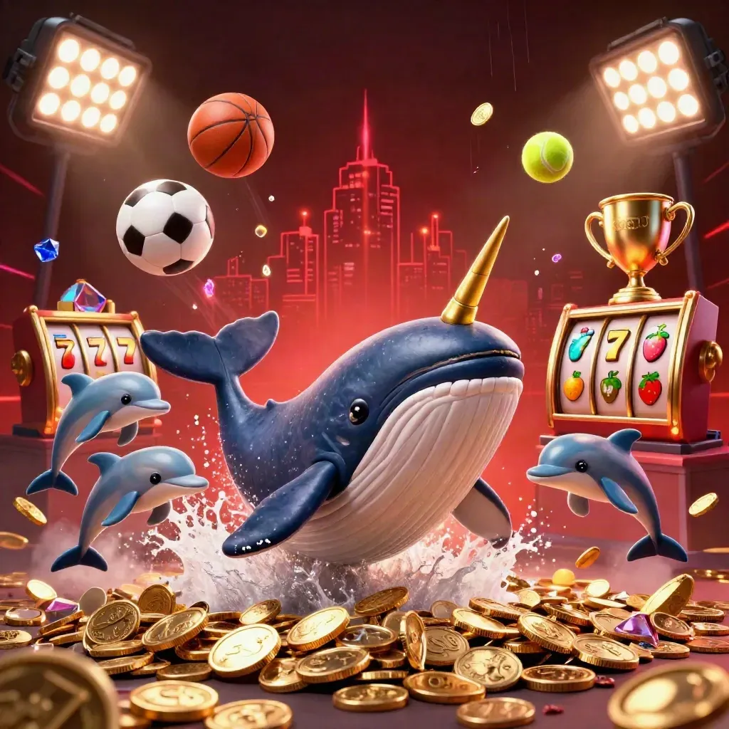 Captain whale, narwhal, and dolphins burst through coins with arena lights and casino loot.