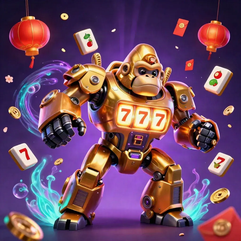 Golden gorilla mech with monkey pilot, neon reels, lanterns, coins, and arena sparks
