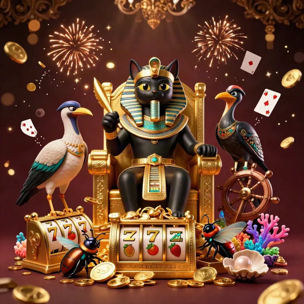 Pharaoh cat on throne with ibis scribe, scarabs, coins, reels, and treasure burst