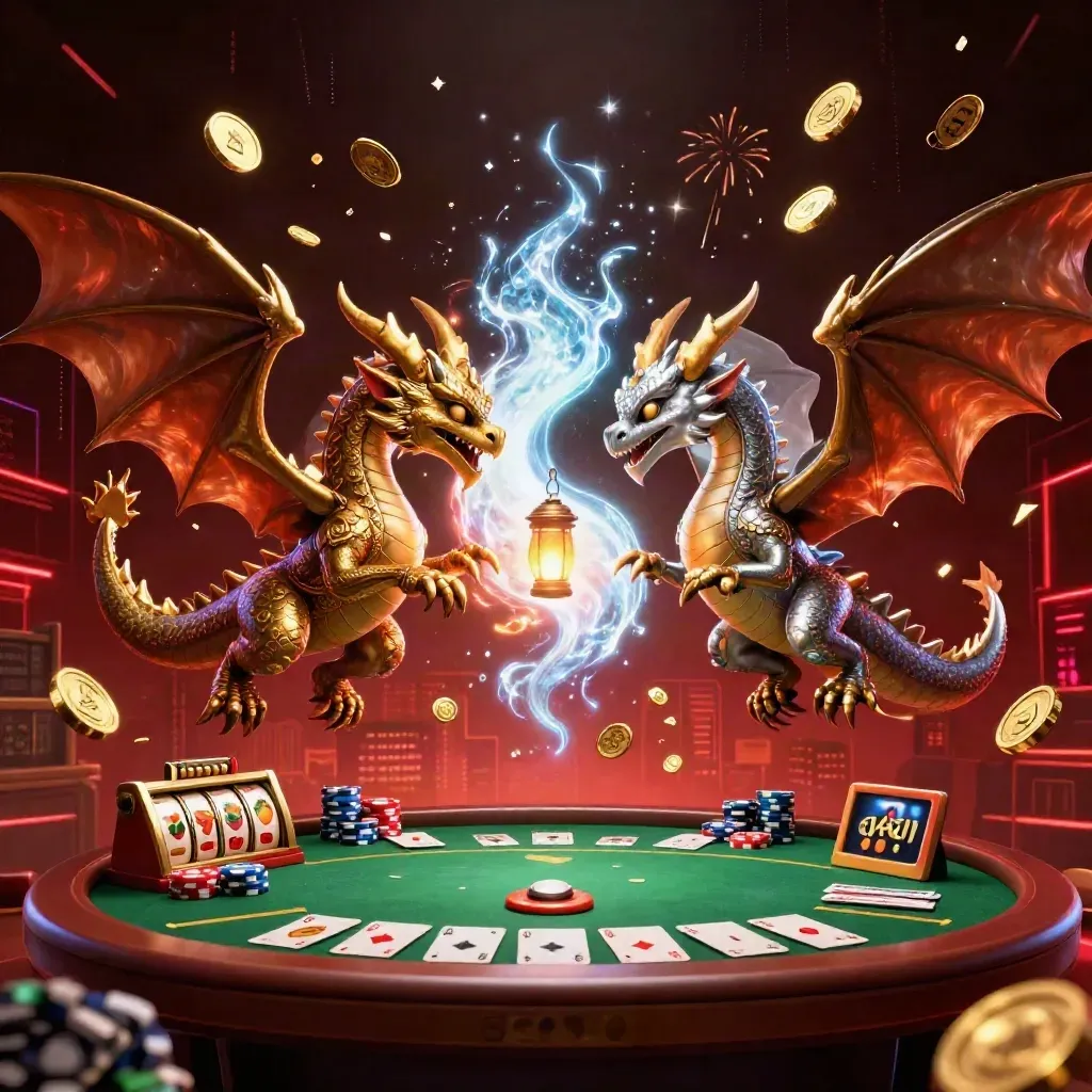 Gold and silver dragons in a casino battle scene with coins, chips, cards, and fiery neon effects.