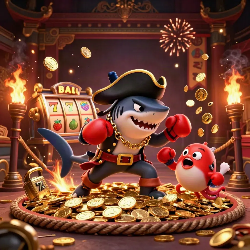 Pirate shark, boxing pufferfish, and coin-juggling octopus in a casino treasure burst.
