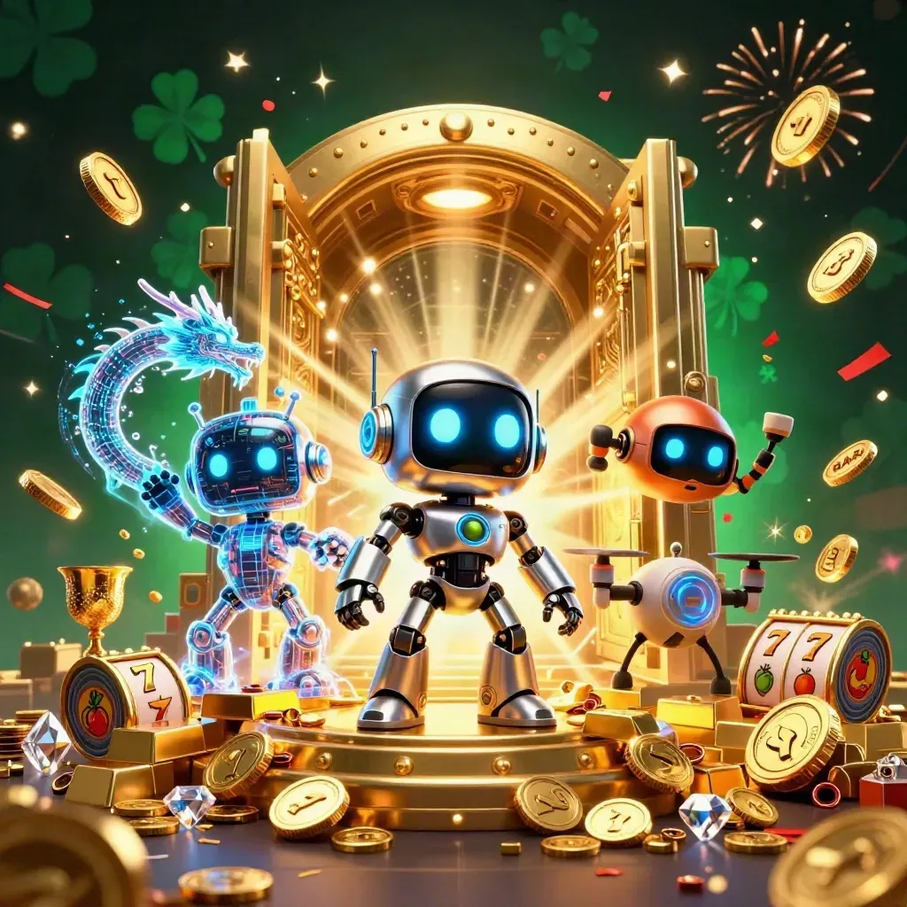 Robot mascot, holographic dragon, and coin drone burst from a golden vault amid coins, gems, and fireworks.