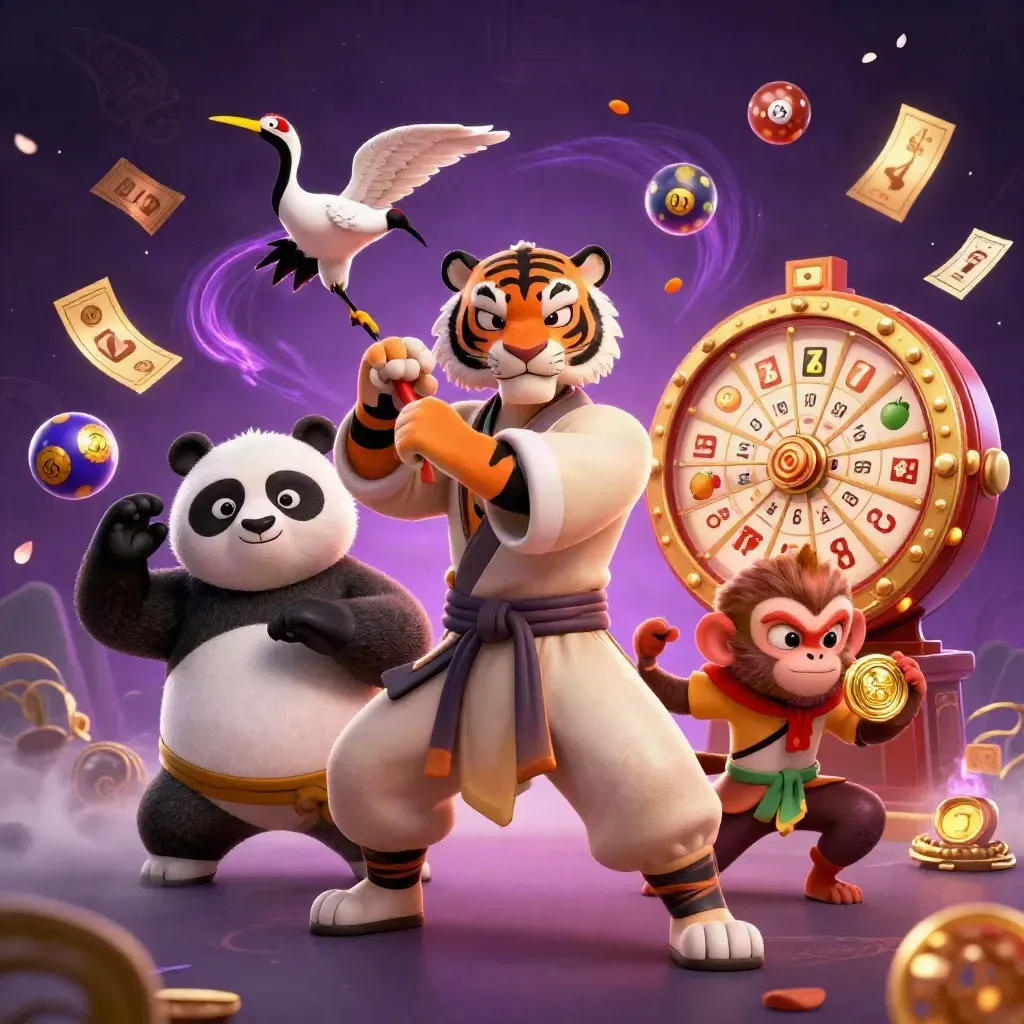 Tiger, panda and monkey amid glowing casino reels, balls and gold sparks in a purple arena.