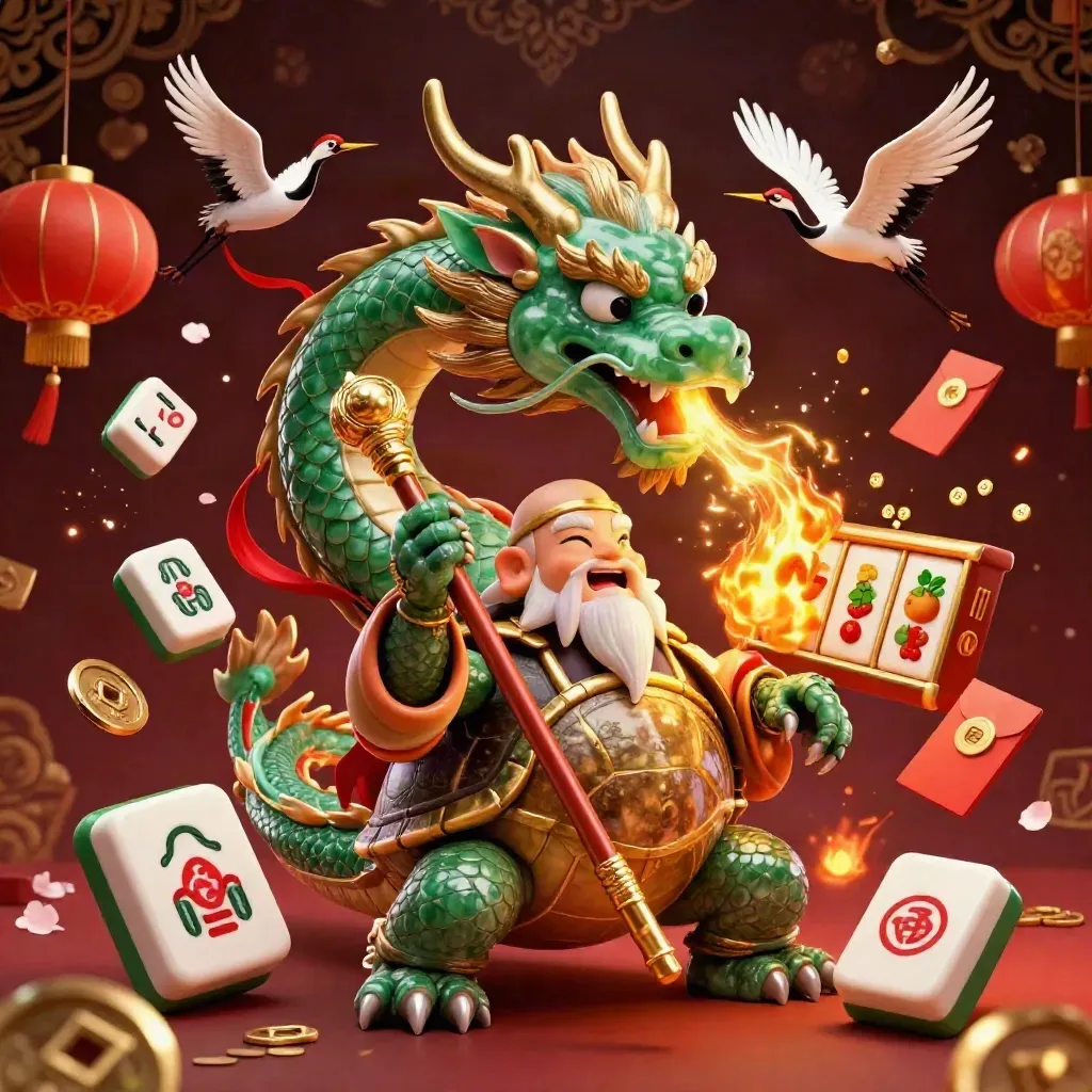 Emerald jade dragon, sage turtle, and cranes amid casino reels, lanterns, fire, and gold glows.