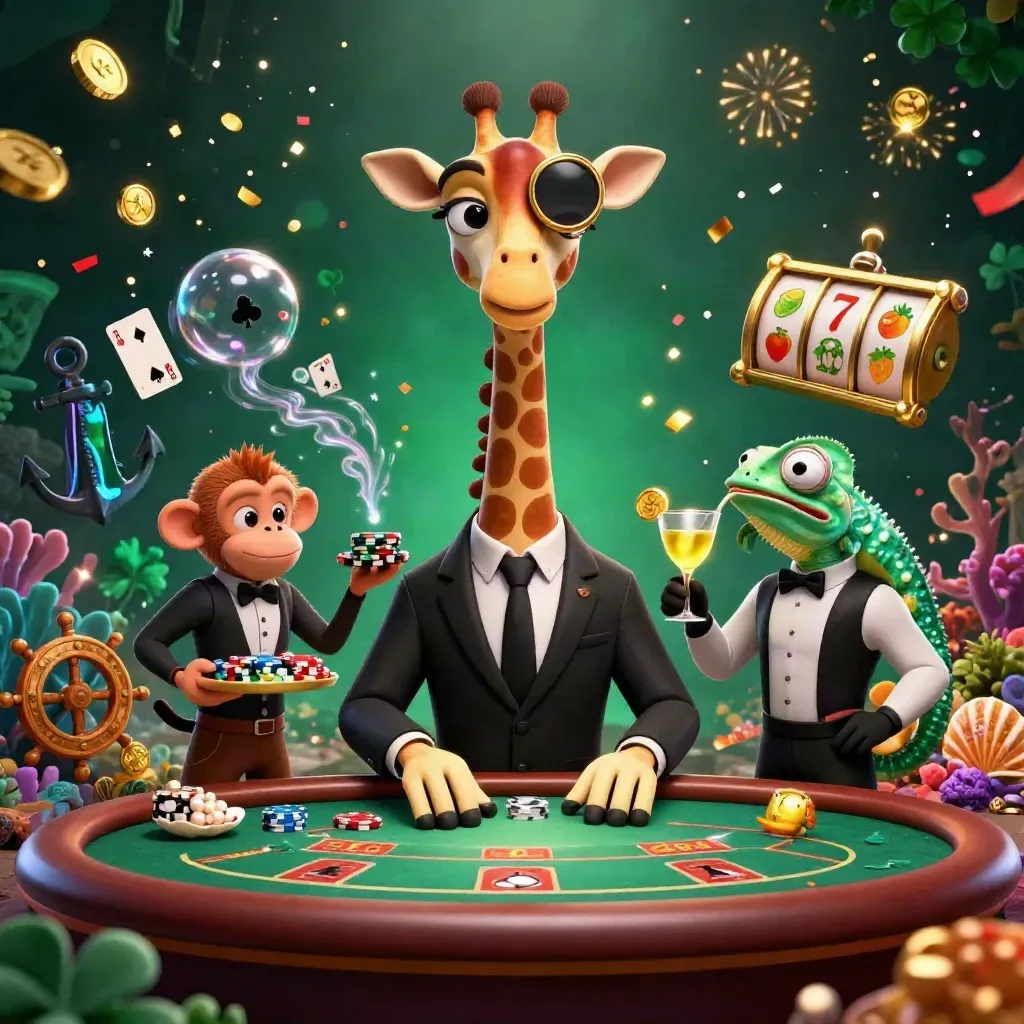 Giraffe gambler, monkey valet, and chameleon bartender amid treasure, cards, coins, and casino effects.