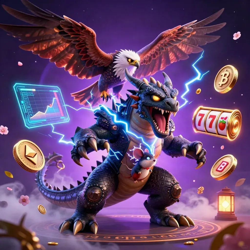 Thunder dragon, hawk, and crackling mouse amid casino coins, reels, and lightning in a luxe arena
