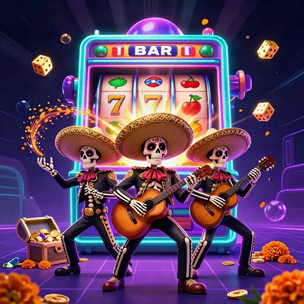 Three skeleton mariachi trio amid a bursting slot machine, gold dice, and neon arena glow.