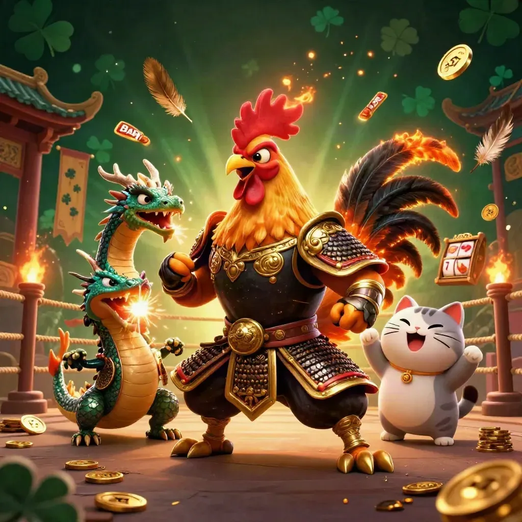 Rooster warrior, dragon hatchling, and fortune-cat amid slot reels, coins, sparks, and arena gold.
