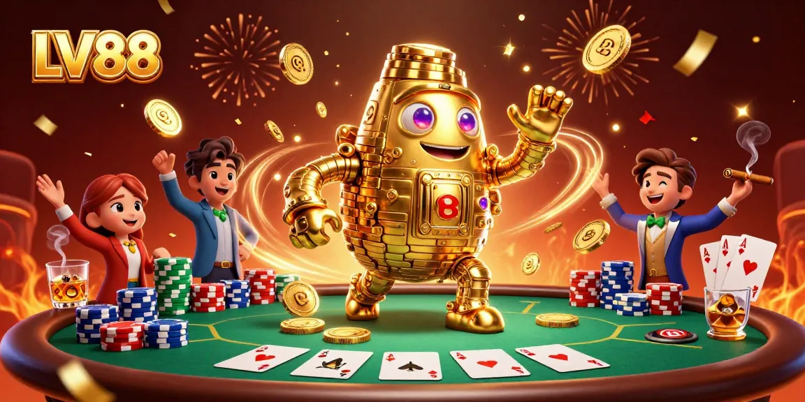 Experience excitement at LV88 with a golden golem surrounded by poker action and festive elements.