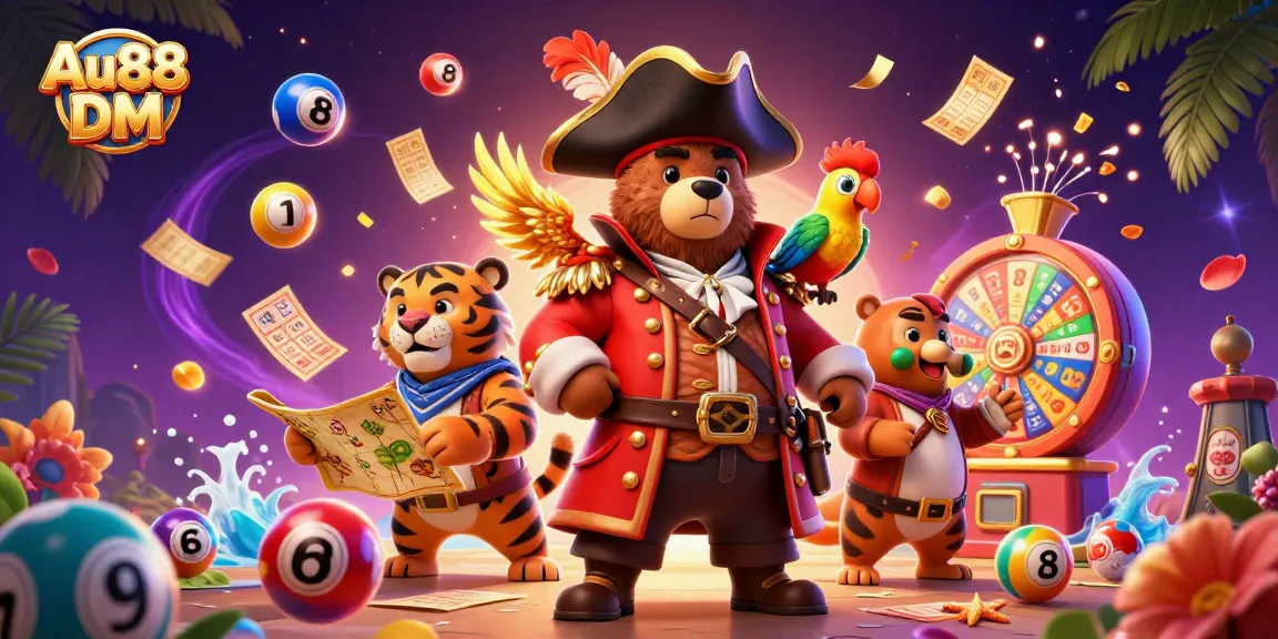 Play thrilling games at Au88 DM with vibrant characters, lottery tickets, and treasure maps.