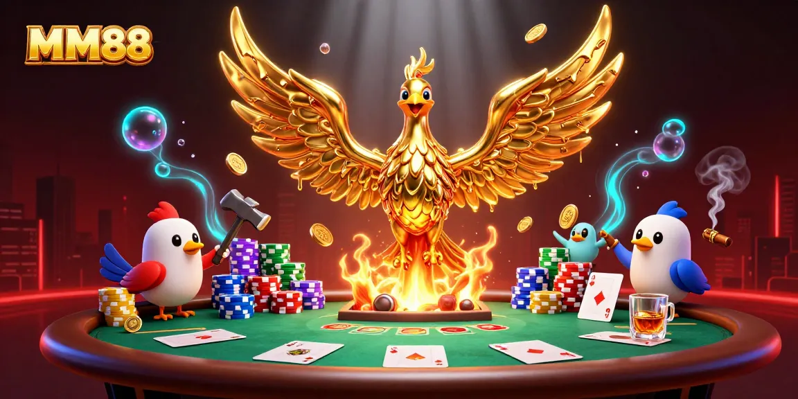 Experience MM88's thrilling gaming excitement with metallic phoenix and vibrant poker scene.
