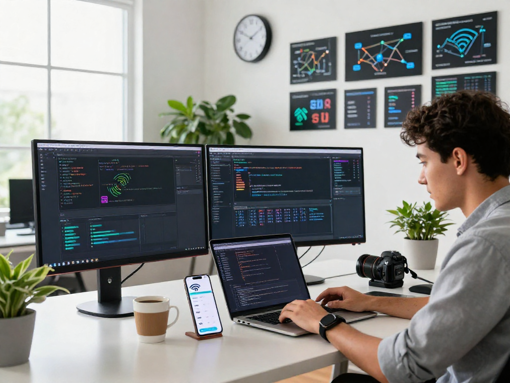 Pengaturan kantor modern dengan profesional muda menggunakan aplikasi wifi4d di laptop, tampilan data koneksi jaringan.