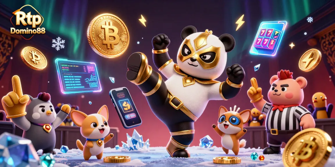 Engage with Rtp Domino88 through an animated casino wrestling scene full of excitement and crypto elements.