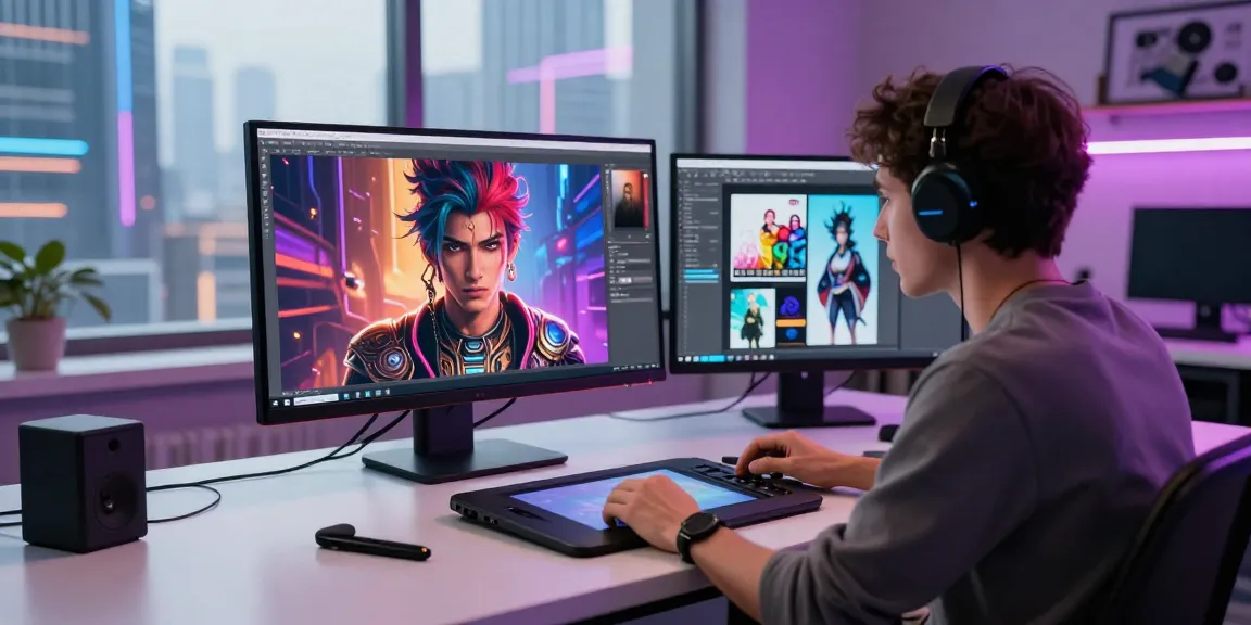 User interacting with NSFW AI character on modern touchscreen in a vibrant digital art studio.