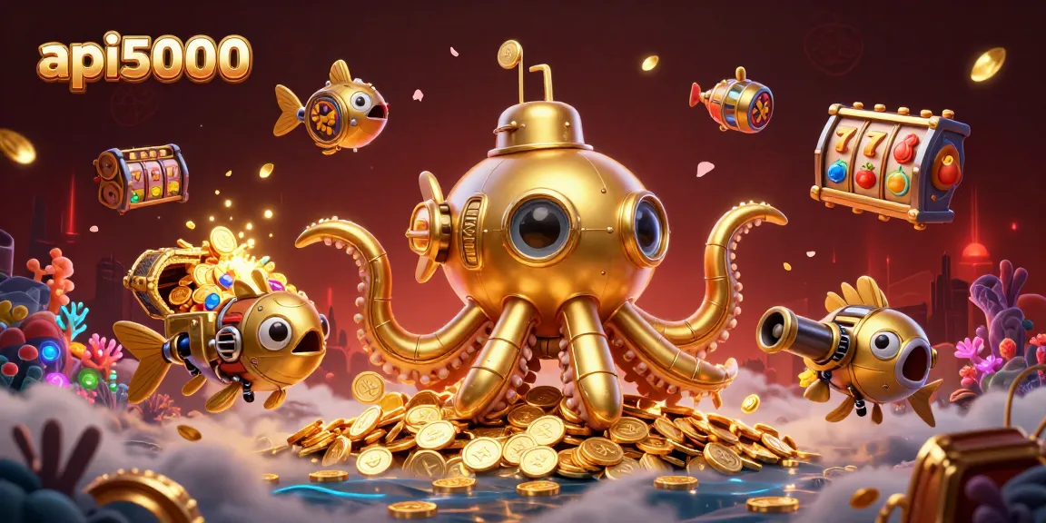 Menggali jackpot dengan API5000 dalam ilustrasi 3D yang penuh warna dan detail, menyajikan mesin slot dan harta karun.
