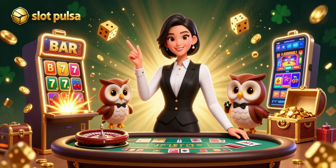 Experience thrilling slot pulsa action with an elegant dealer and vibrant game elements in a luxurious casino setting.