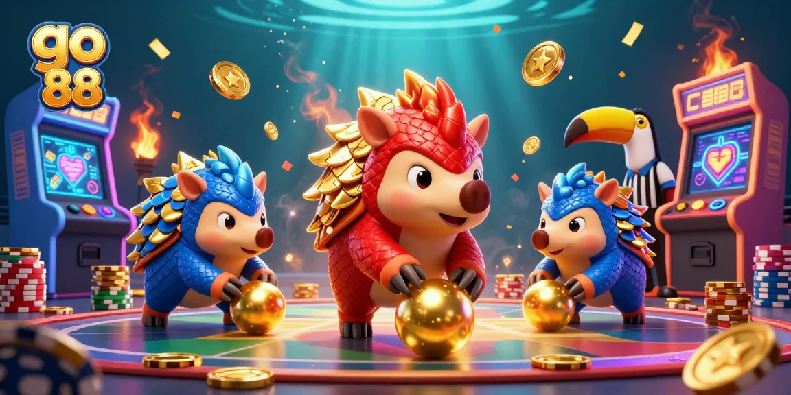 Engage with go 88 in an exciting casino scene featuring rival pangolins and vibrant gaming elements.