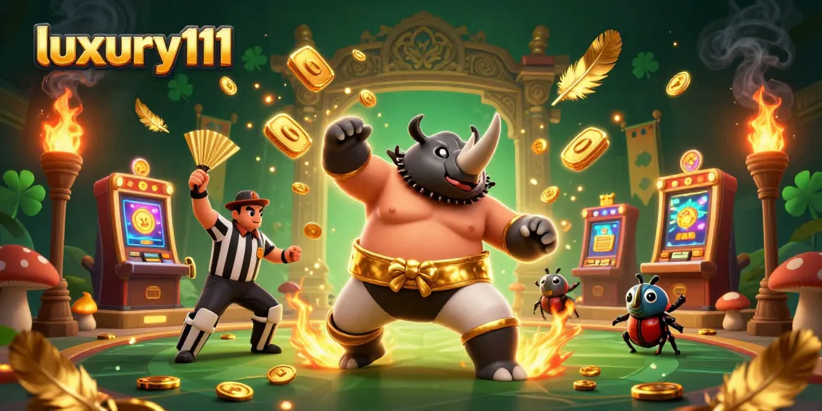 Experience the excitement of luxury111 with a thrilling casino scene featuring a rhinoceros beetle champion and vibrant slot symbols.