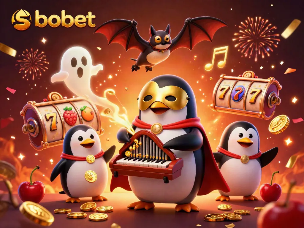 Experience thrilling sbobet action as a playful penguin orchestrates a jackpot of fun in a vibrant 3D casino scene.