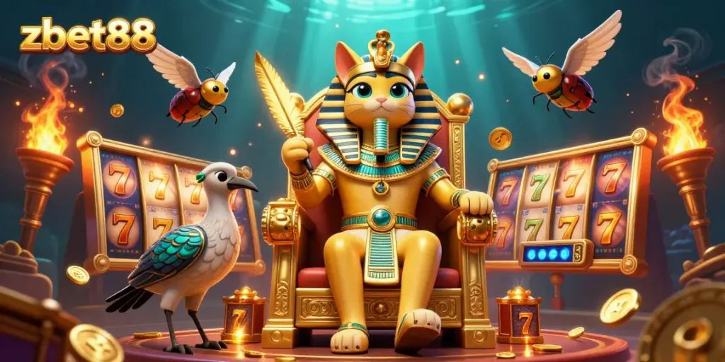 Experience excitement with zbet88 as a cartoon pharaoh cat and companions spin exciting slots.