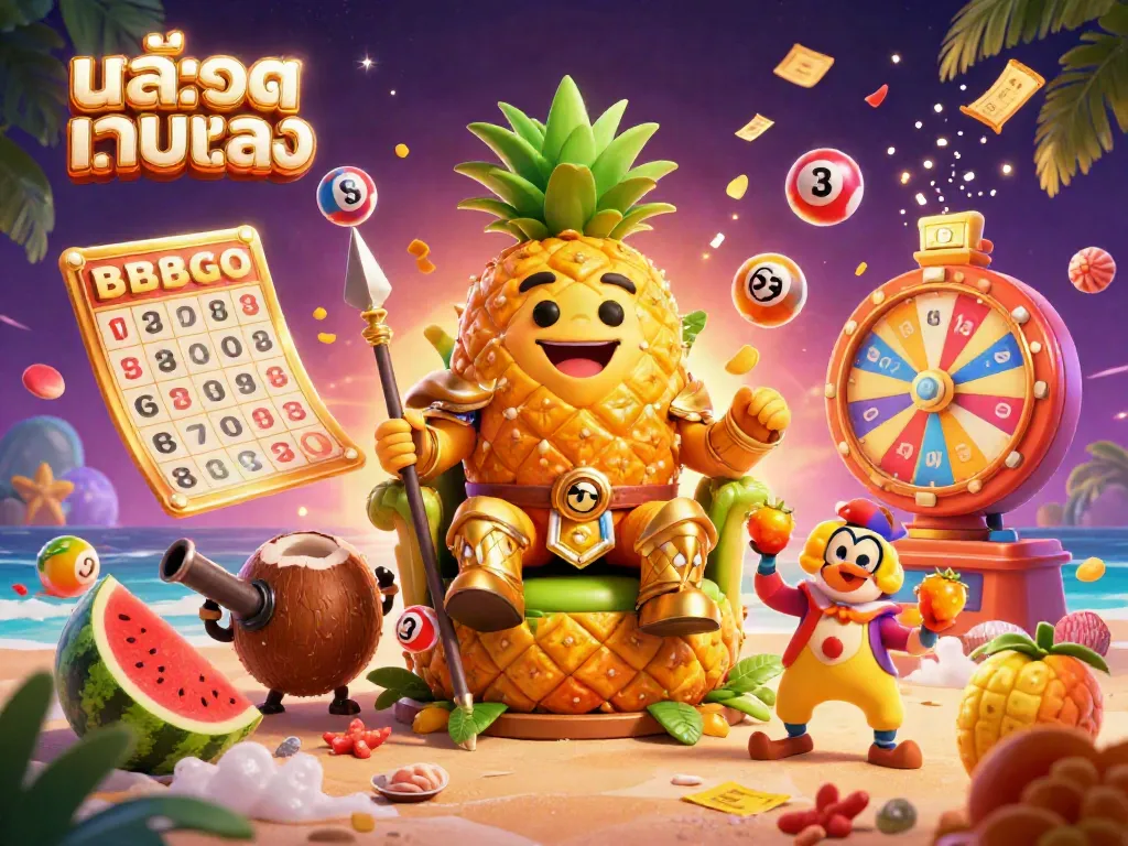 Experience the excitement of สล็อตเว็บตรง with vibrant golden characters in a lively beach casino scene.