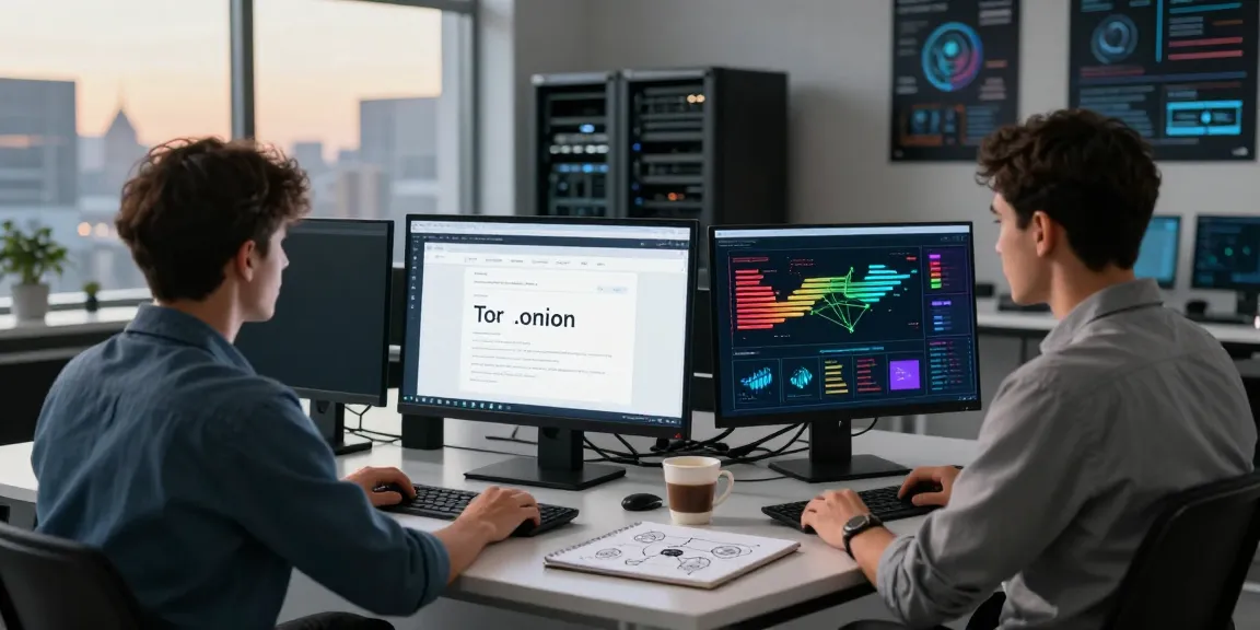 Cybersecurity analyst exploring hidden wiki onion sites in a modern workspace.