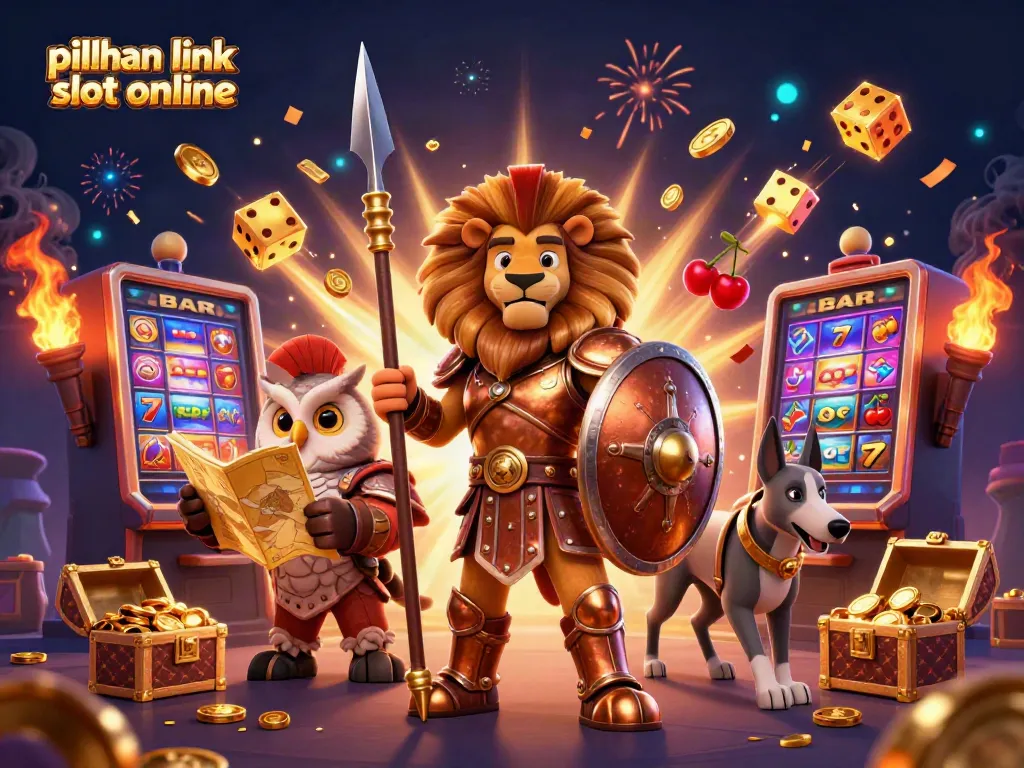 Gambarkan pilihan link slot online dengan simbol slot, karakter menarik, dan efek jackpot.