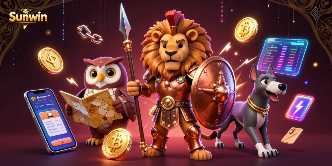 Experience the thrill of Sunwin casino gaming with a vibrant 3D scene featuring crypto elements.