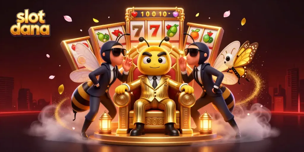 Slot dana: Permainan slot menarik dengan bos lebah dan karakter lainnya dalam suasana mewah.