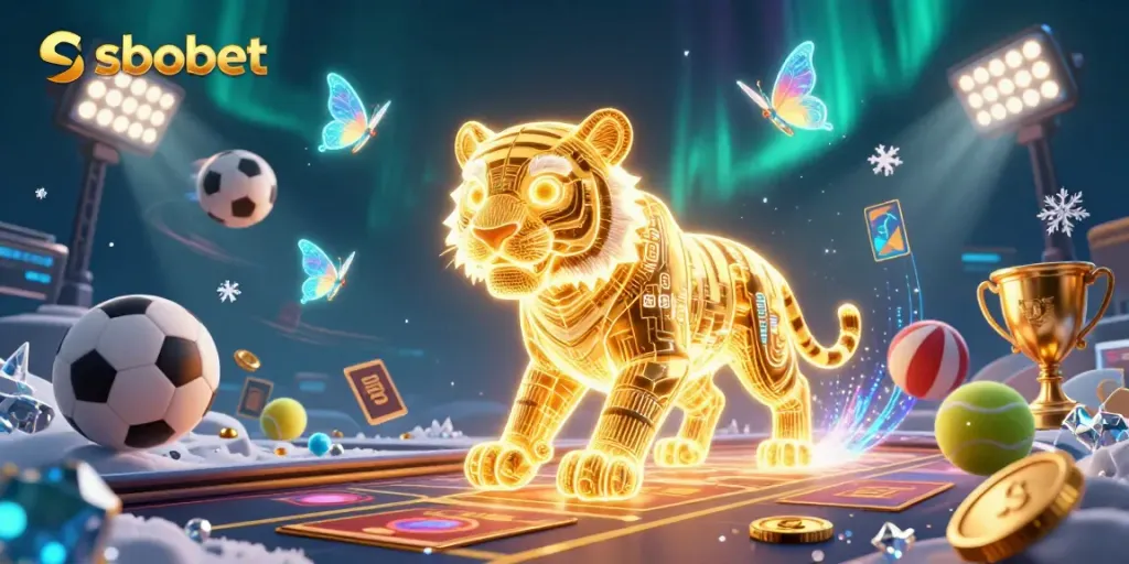 Experience thrilling sports betting with sbobet featuring a neon tiger and dynamic sports elements in a dazzling casino.