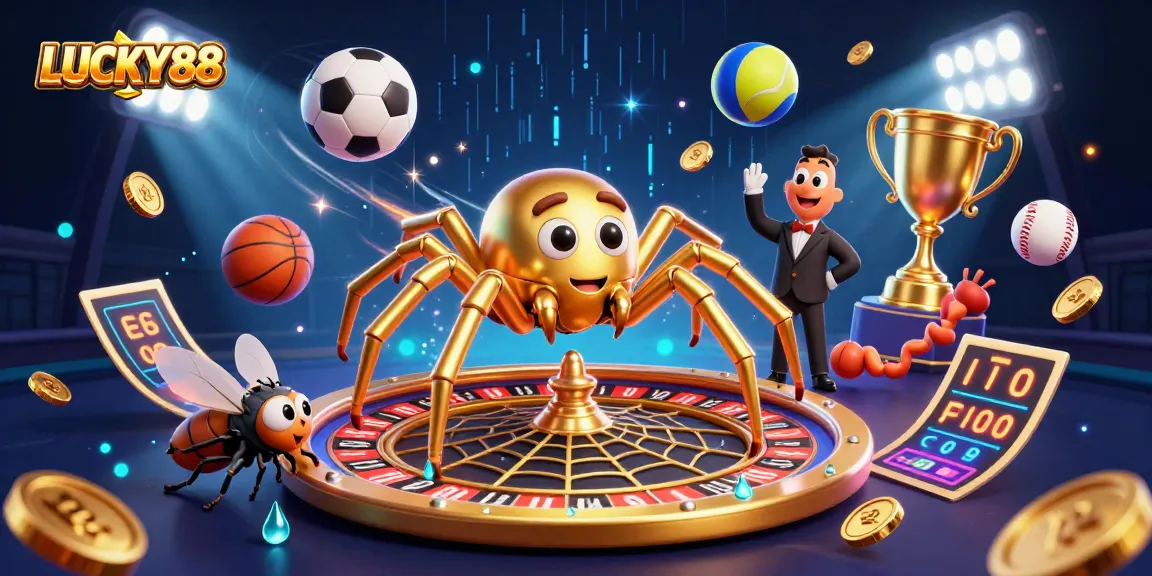 LUCKY88 ecosystem showcases a dynamic scene with a golden spider and sports elements as part of thrilling gameplay.