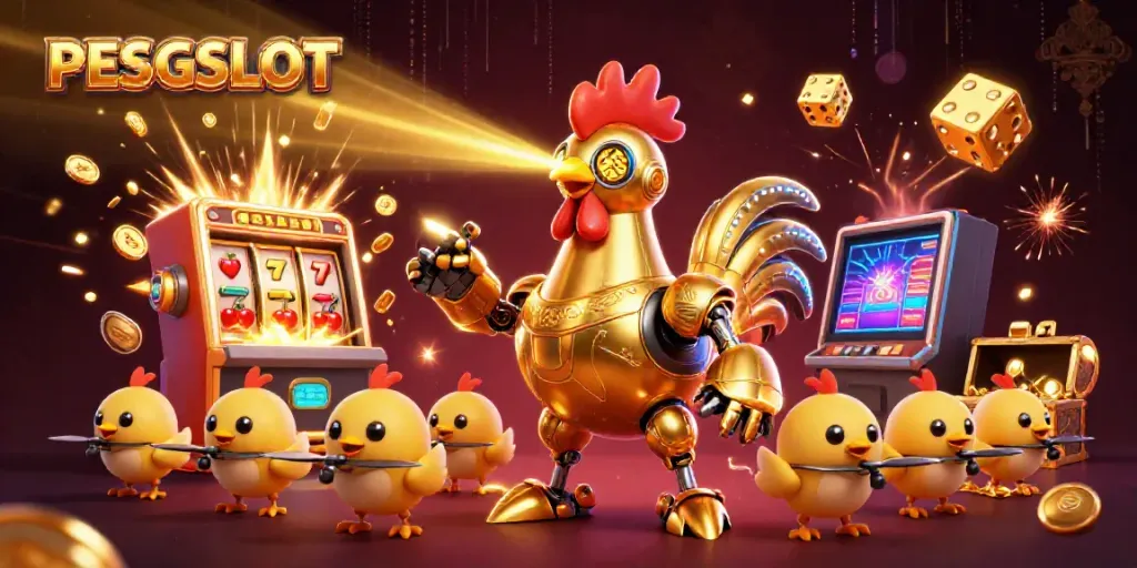 Permainan seru PESGSLOT dengan robot ayam emas futuristik dan jackpot melimpah.