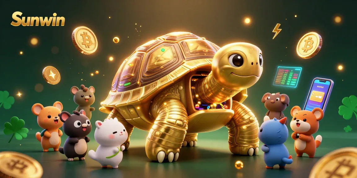Sunwin players enjoy exciting games featured in a vibrant 3D illustration with a golden tortoise and cryptocurrency elements.